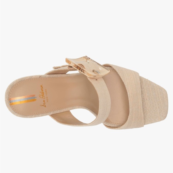 Sam Edelman Dalton Block Heel Sandal Sand Metallic Linen Square Toe Slide Size 7 - Picture 4 of 8